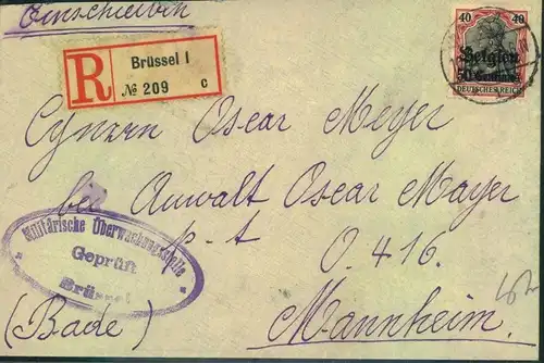 1916, 40 Pfg. germania single franking on registered letter from Bruxelles to Mannheim