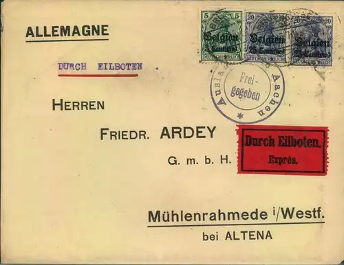 1915, Express from BRUXELLES with censor to Germany