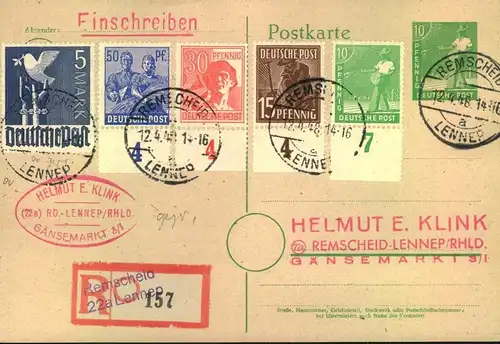 1947/1948, Markwerte Arbeiterserie auf 2 R-Karten ab REMSCHID/LENNEP. 3 und 5 Mark geprüft