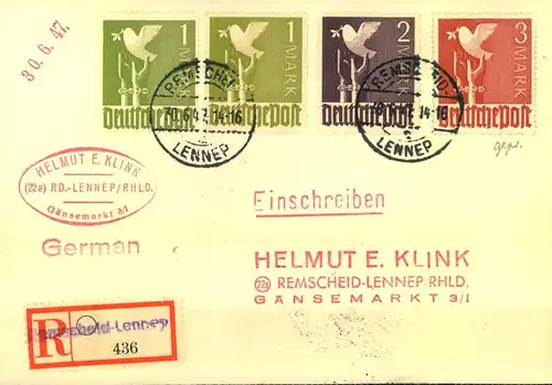 1947/1948, Markwerte Arbeiterserie auf 2 R-Karten ab REMSCHID/LENNEP. 3 und 5 Mark geprüft