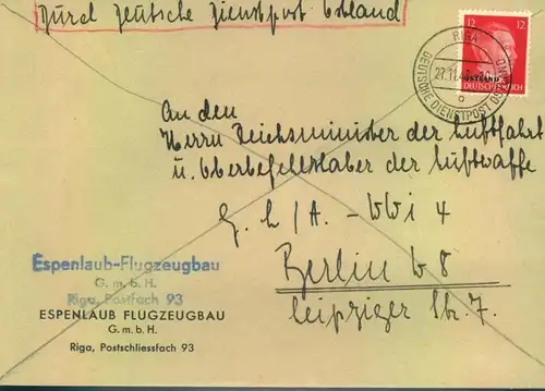 1943, OSTLAND, Brief "ESPENLAUB FLUGZEUGBAU" RIGA an das Reichsluftfahrtministerium