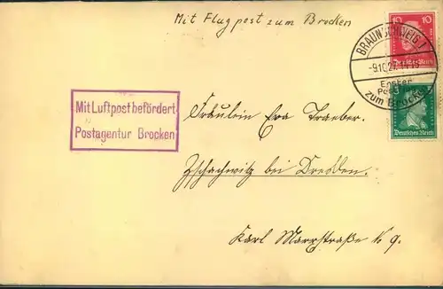 1927, Erster Postflug zum Brocken mit Bestätigungsstempel