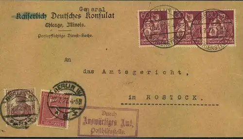 1922, Brief vom "Deutschen Generalkonsulat, Chicago" mit Kurierpost über "Auswärtiges Amt" nach Rocstock