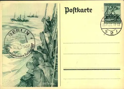 1937, WHW Schiffe komplett mit SSt auf blanko Postkarte