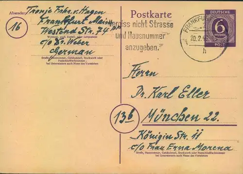 1946, 6 Pfg. Ziffer Ganzsachenkarte ab FRANKFURT (MAIN) 20.2.46 (P 951) - Frühverwendung