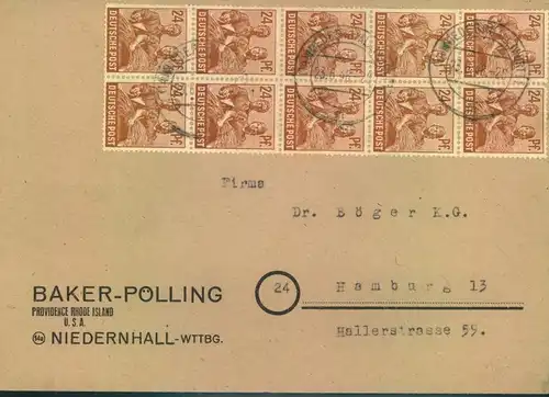 1948, 24 Pfg. AS Zehnfachfrankatur letzter Tag "NIEDERNHALL 23.6.48"