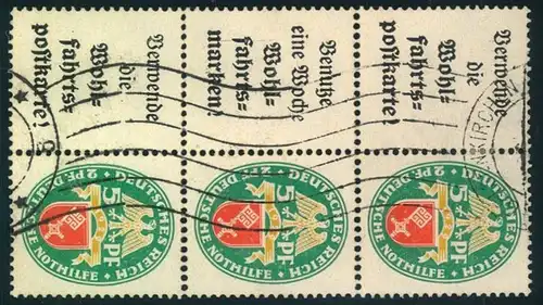 1929, 5 Pfg. Nothilfe, 3 Zusammendrucke mit Werbung senkrecht zusammenhängend. Selten