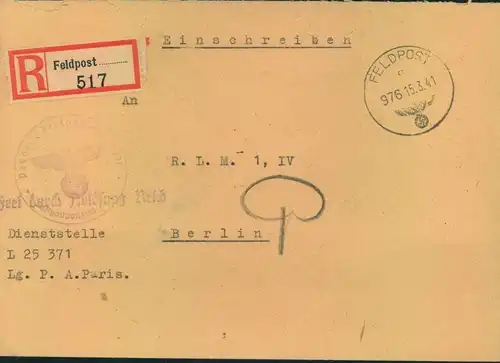 1941, Feldpostbrief Normstempel "976-15.3.41" Fp:-Nr 25371 an Reichsluftfahrtministerium