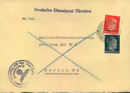 1943, Einschreiben DDP UKRAINE, ROWNO (WOHLHYNIEN) an Reichsluftfahrtministerium