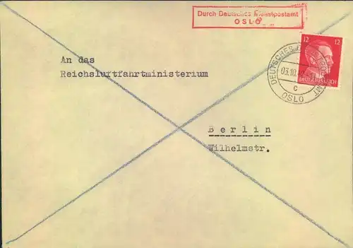1943, DEUTSCHE DIENTPOST OSLO, to Reichsluftfahrtministerium (h. Göring)