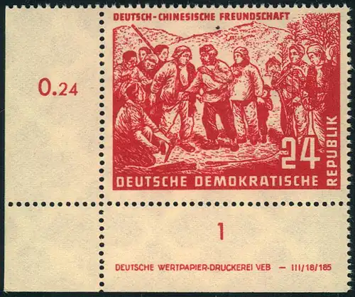 1951, 24 Pfg Deutsch-Chinesische Freundschaft postfrische Bogenecke mit Druckvermerk.