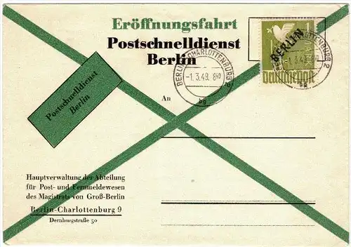 1949: Ersttagsbrief 1 Mark Schwarzaufdruck auf Blankoumschlag mit Minutenstempel BERLIN-CHARLOTTENBURG 2 bg 1.3.49 - 8.4