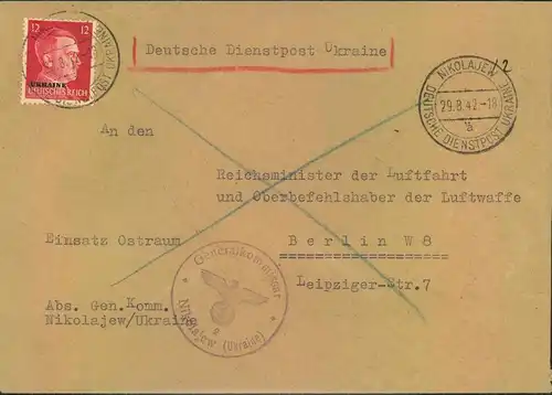 1942, DEUTSCHE DIENSTPOST UKRAINE- NIKOLAJEW an Reichsluftfahrtministeriu