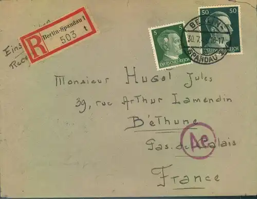 1943, ZWANGSARBEITERPOST - Barackenlager BERLIN-SPANDAU; Einschreiben nach Frankreich