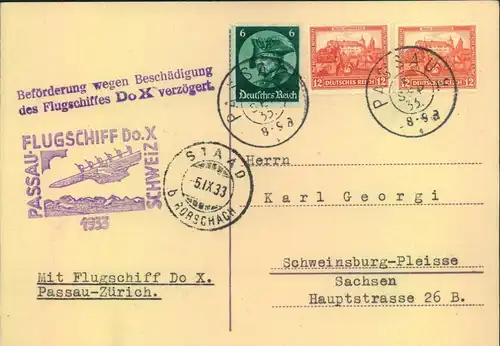 1933, FLUGSCHIFF DO-X PASSAU-SCHWEIZ, Karte mit Verzögerungsstempel