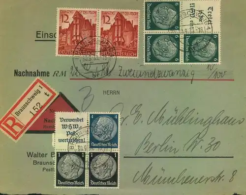 1939, Nachnahme per Einschreiben ab BRAUNSCHWEIG - Zusammendrucke, seltene 74 Pfg. Portostufe