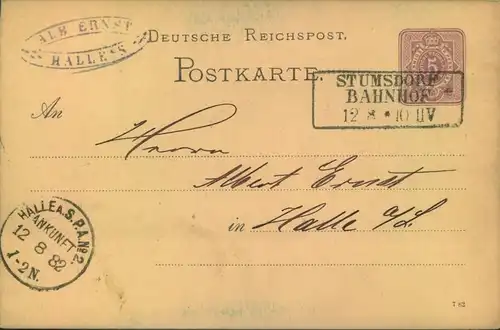 1882, "STUMSDORF BAHNHOF" Ra3 auf 5 Pfg. Ganzachenkarte nach Halle a. S.