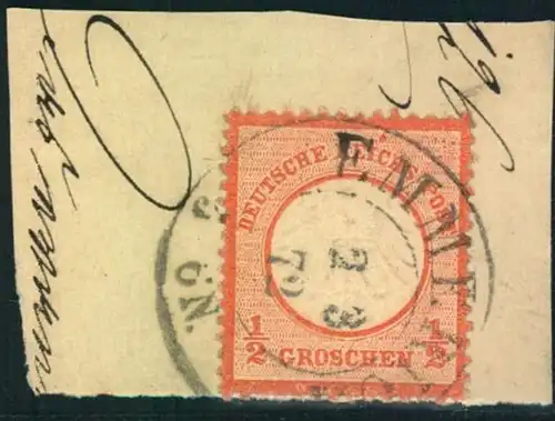 1872: Michel-Nr. 3, 1/2 Groschen kleiner Brustschild, Briefstück EMMERICH