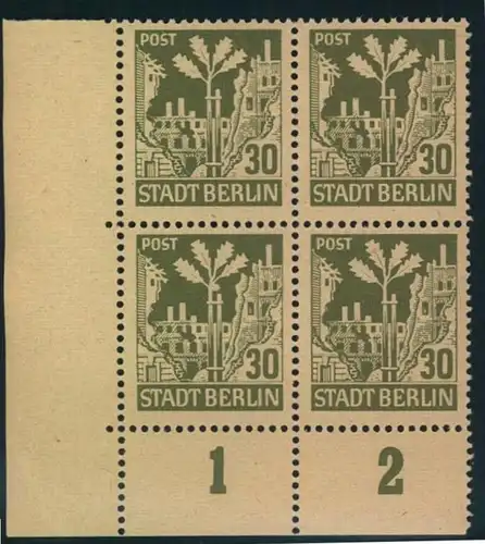 1945, BERLIN/BRANDENBURG 30 Pfg. postfrischer Viererblock Plattenfehler IV (Feld 91)