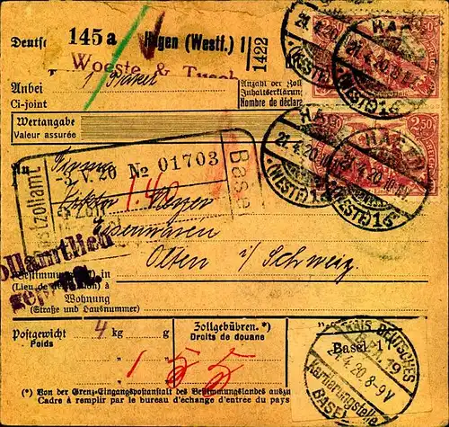 1920: Auslandspaketkarte ab HAGEN (WESTF) in die Schweiz