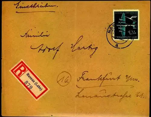 1944: 42 Pfg. Luftpost auf Einschreiben NASSAU (LAHN)