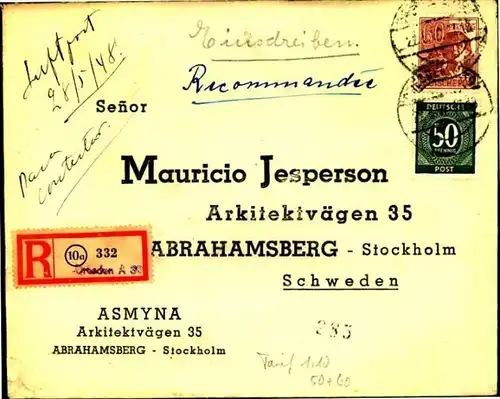 1948: Auslandseinschreiben Ziffer/Arbeiter ab DRESDEN