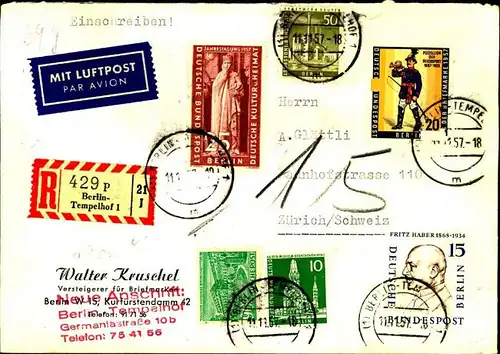 1957: hoch frankiertes Luftposteinschreiben ab TEMPELHOF mit schweizer Nachporto