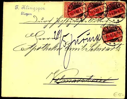 1903: Zustellung mit 4-mal 10 Pfg. Germania ab SIEGEN