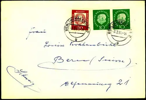 1961: Auslandsbrief mit 10 Pfg. Heuss Medaillon im waagerechten Paar, BERLIN-HALENSEE