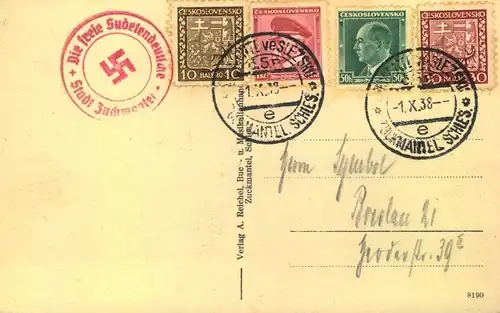 1938, SUDENTENLAND, 13 Belege mit Befreiungsstempeln