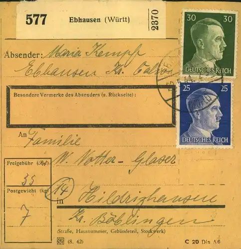 1944 - 3. REICH. 15 Paketkarten aus Baden und Württemberg