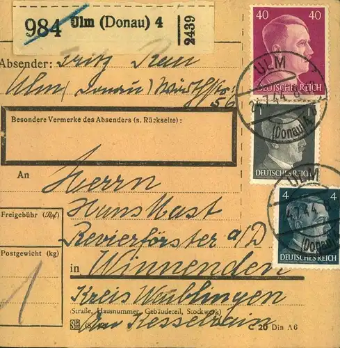 1944 - 3. REICH. 15 Paketkarten aus Baden und Württemberg