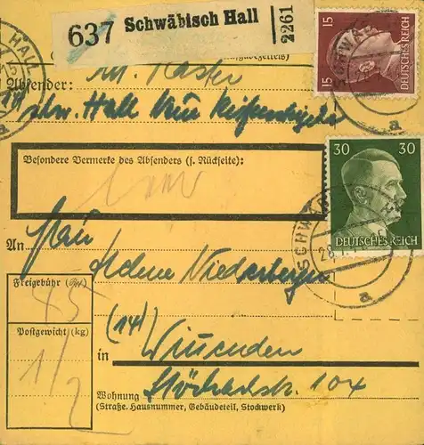 1944 - 3. REICH. 15 Paketkarten aus Baden und Württemberg