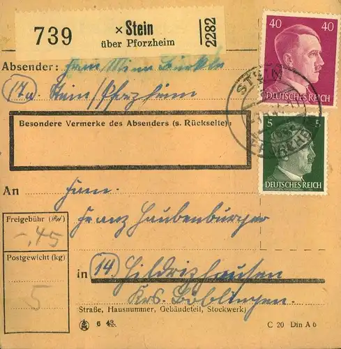 1944 - 3. REICH. 15 Paketkarten aus Baden und Württemberg