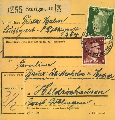 1944 - 3. REICH. 15 Paketkarten aus Baden und Württemberg