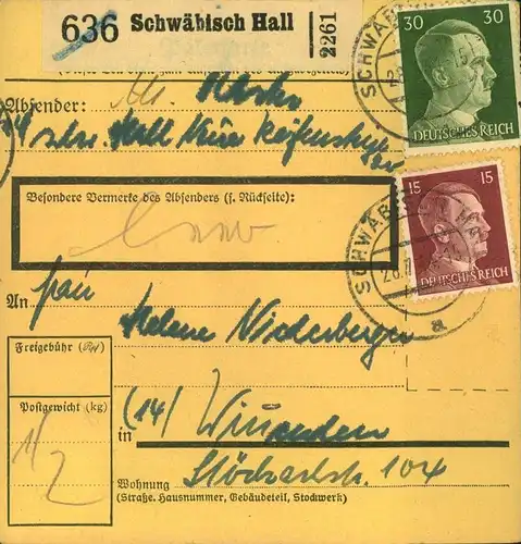 1944 - 3. REICH. 15 Paketkarten aus Baden und Württemberg