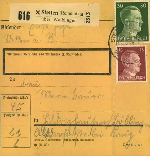 1944 - 3. REICH. 15 Paketkarten aus Baden und Württemberg