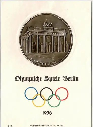 1936, Reliefkarte (embossed card -metal) zu dem Olympischen Spielen mit Abbildung Brandenburger Tor. Sauber ungebraucht.