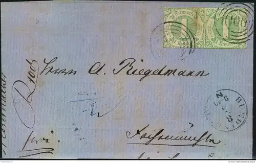 1866, Faltbrief mit waag. Paar 1 Kreuzer druchstochen mit Nummernstempel ""100"" und K1 BUEDINGEN. Leichte Falten durch