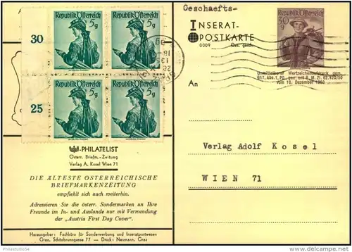 1956: 30 Groschen Inseratspostkarte Serie 009 ""Philatelist"" mit Viererblock 5 Groschen Trachten ab GRAZ. Seltene Karte