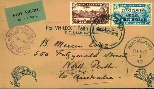 1934: First TRANS-TASMAN AIRMAIL Auckland-North Perth with arrival on reverse and special flight cachet on front.