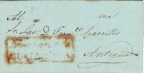 1845: kleinformatiger Brief mit rotem Ra2 "Franqueo en la GUATEMALA" mit vollständigem Inhalt. Selten