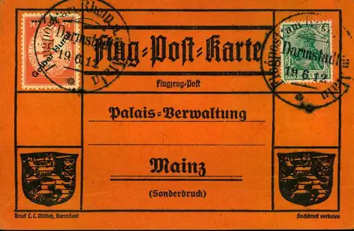 1912: "Gelber Hund" mit 5 Pfg. Germania auf orangener Sonderkarte ab DARMSTADT 19.6.12.