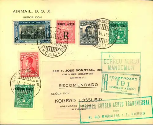 1932: Luftpostbrief mit Scadta und Freimarken MiF ab CALI über Barranquilla, Miami, New York nach Nürnberg