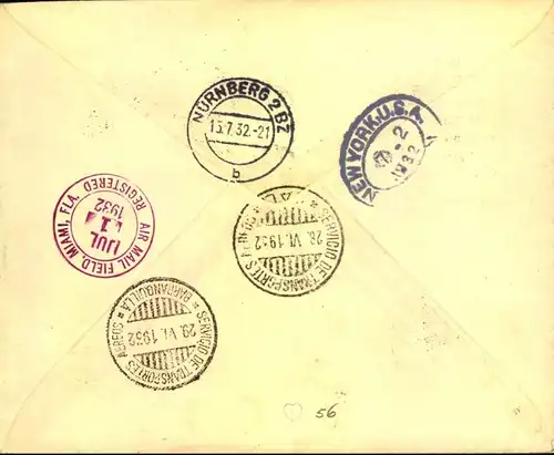 1932: Luftpostbrief mit Scadta und Freimarken MiF ab CALI über Barranquilla, Miami, New York nach Nürnberg
