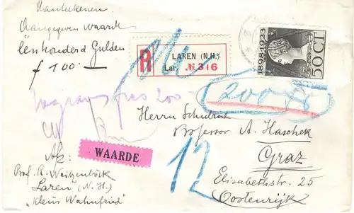 1923, Wertbrief mit EF 50 Cent Wilhelmina mit diversen Vermerken nach Graz (Österreich).