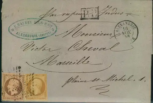 1858, ALEXANRIA, folded letter with 10 and 40 Cent. Napoleon III nach Marseille