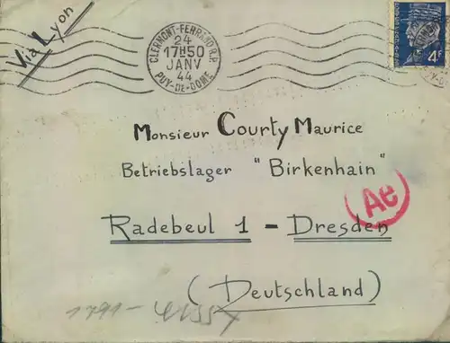 1944, Post aus Frankreich in das Zwangsarbeiterlager "Birkenhain", Radebeul, Zensur "Ae"