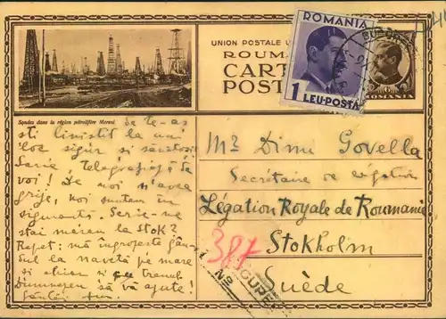1939, registered stat. card aprated with 1 Leu to "Legation Royale de Roumanie", Stockholm.
