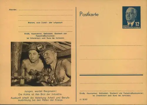 COAL, KOHLE, unused GDR stationery card showing miners